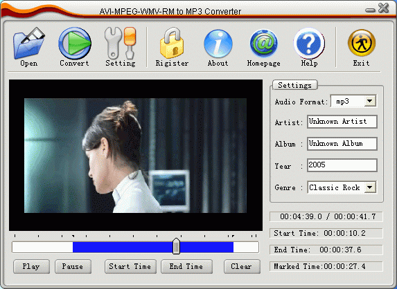 Screenshot of AVI MPEG WMV RM to MP3 Converter