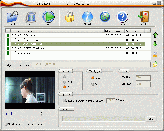 Screenshot of AVI to DVD SVCD VCD Converter